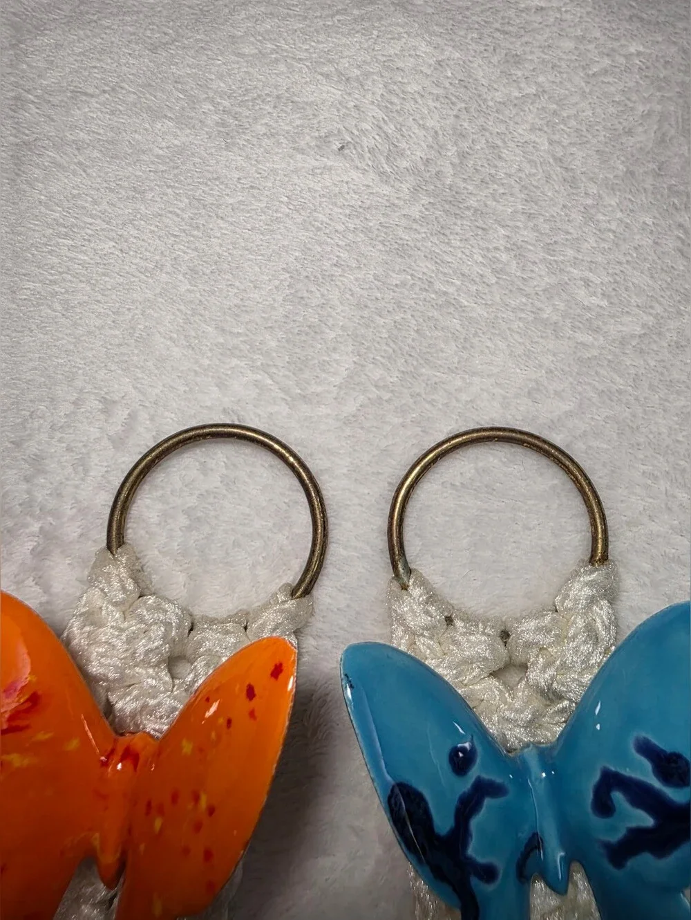 Pair Of Vintage Macrame Kitchen Towel Holders With Butterfly Accents Orange Blue